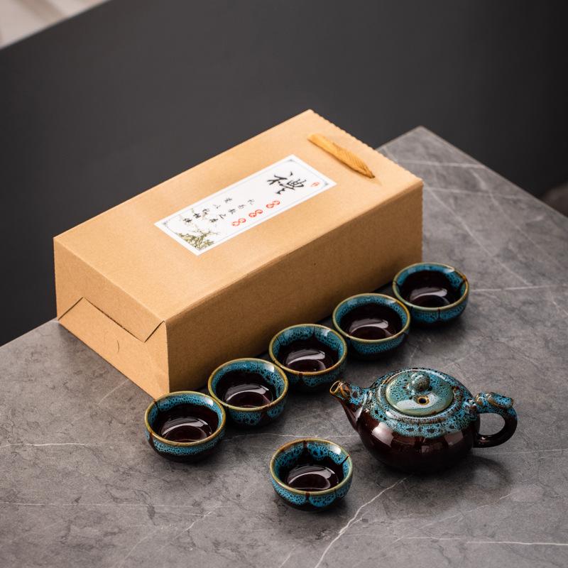 Ceramic Jun Kiln Kung Fu Tea Set, One Pot and Six Cups of Business Small Gifts As Souvenirs