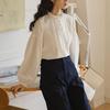 Nesolum Women's White Frill Stand-Up Collar Shirt - Autumn French Retro Long-Sleeve Loose Top