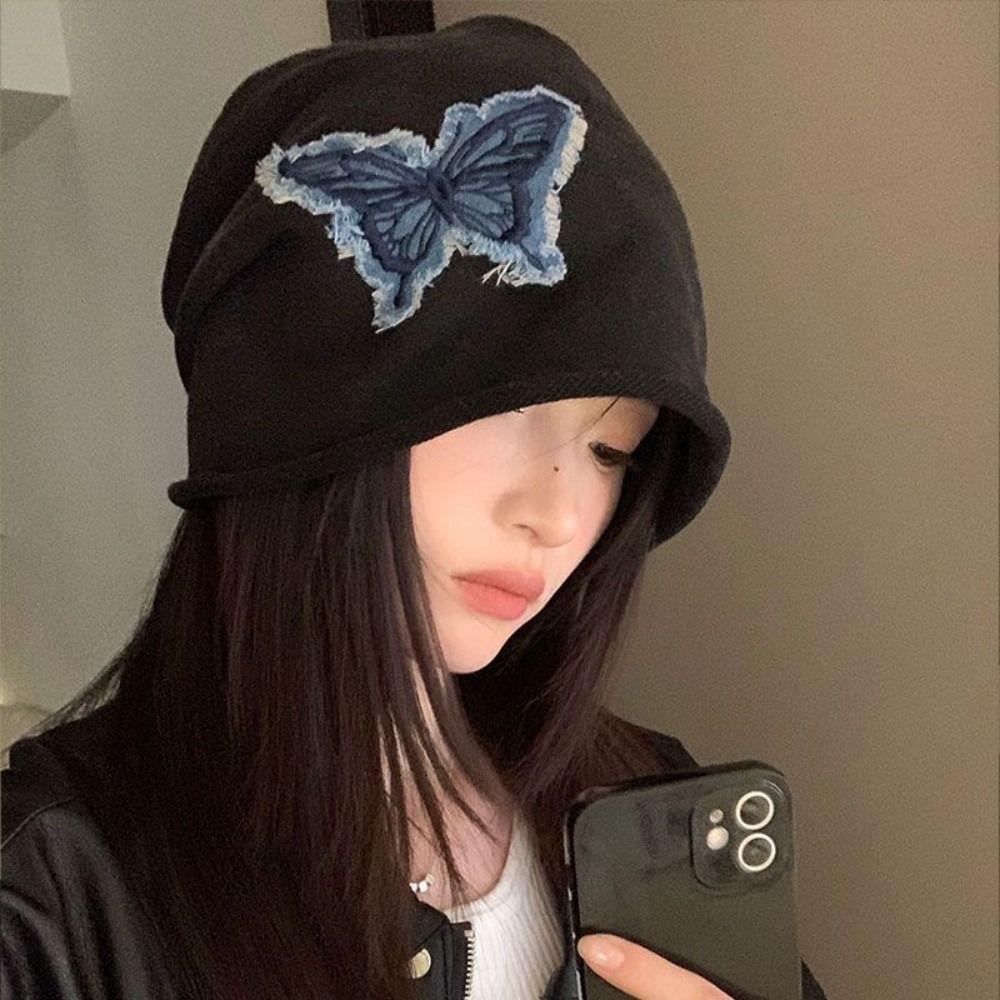 Patch Butterfly Beanies College Style Pullover Hat Soft Retro Skullies  Outdoor