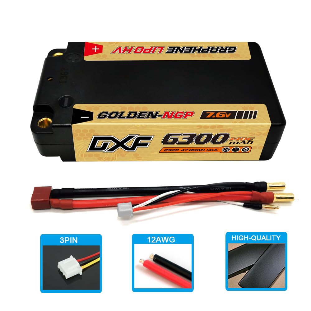 DXF 2-Pack 2S 7.6V 140C 6300mAh HV Hard Case Short LiPo Battery with 5mm Bullets. High-Performance LiPo Battery Ideal for Japanese RC Cars, Trucks,