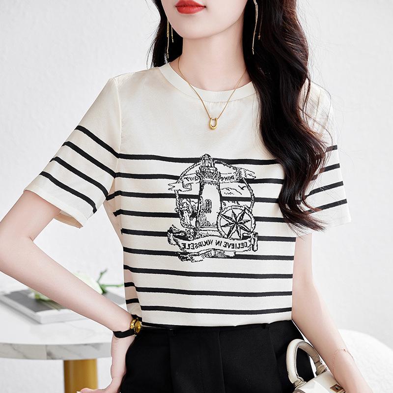 Fashion Printed Silk Short-sleeved T-shirt Top Women's Summer New Mulberry Silk Short Striped Shirt