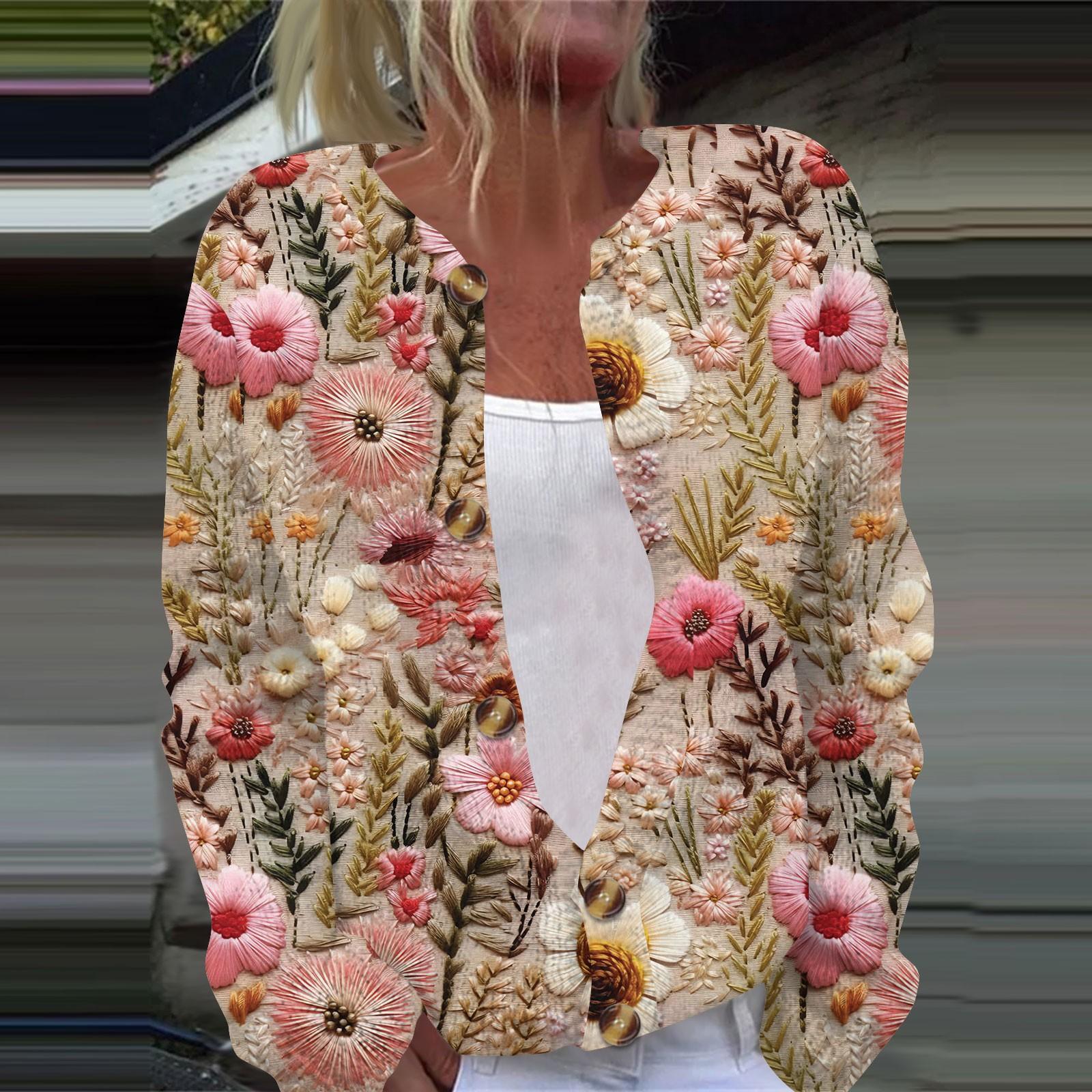 

Женская повседневная мода ретро цветочный принт длинный рукав кардиган куртка на пуговицах M светло-розовый