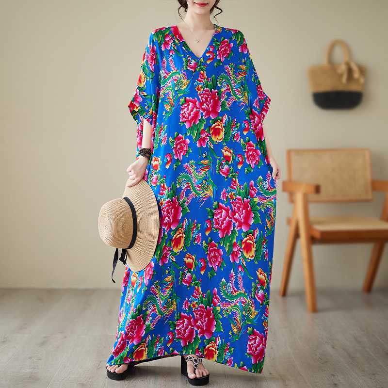 Summer V-neck Cotton Silk Large Size Loose Literary Vacation Style Beach Dresses