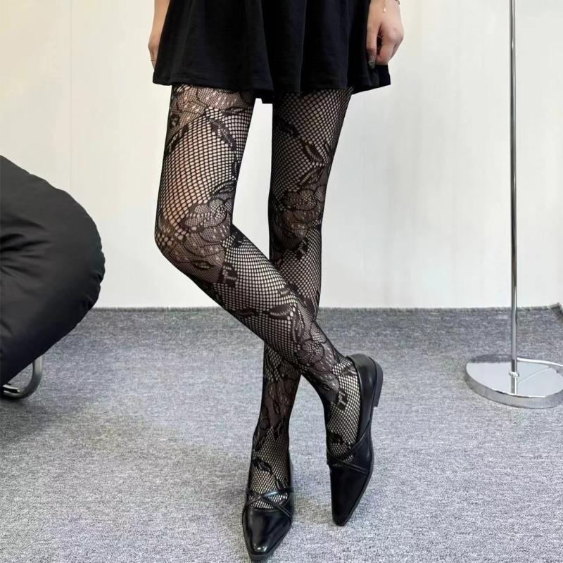 Women See Through Fishnet Mesh Pantyhose Stockings Aesthetic Elegant Hollowed Flower Patterned Tights Leggings Hosiery