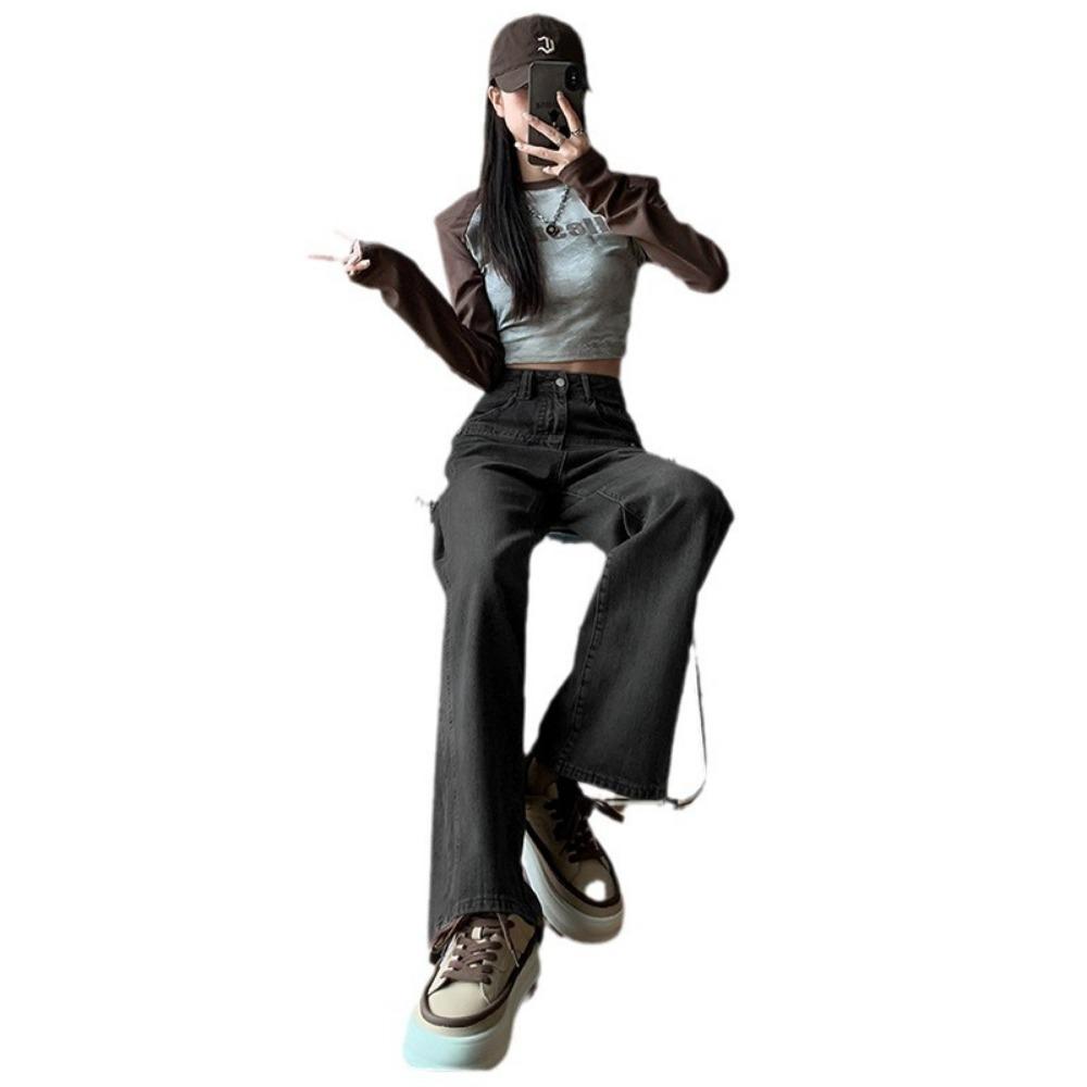 American Personalized Wide-leg Jeans for Women's Autumn and Winter New High-waisted Straight Tube Loose and Drape Floor-mopping Jeans Tide