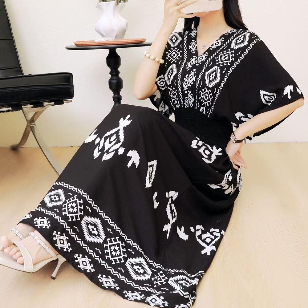 26-Year Floral V-Neck Cotton Silk Batwing Sleeve Beach Dress - Thailand Travel & Vacation Skirt Style