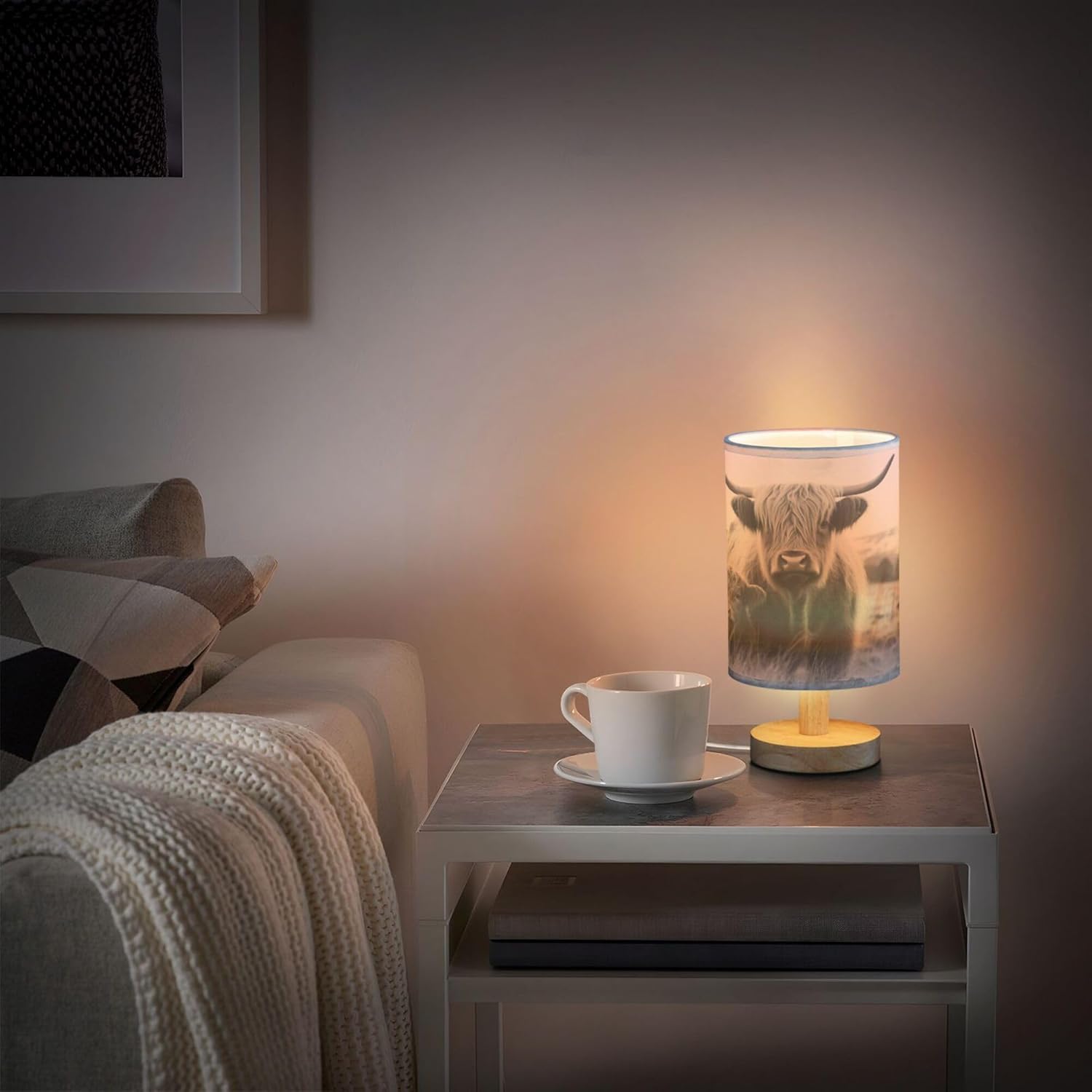 Qilmy Highland Cow Bedside Table Lamp with LED Light Included, Button Switch Control for Bedroom Nightstand Lamp with USB Ports for Living Room