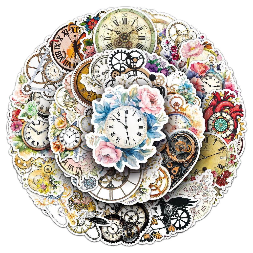 50 Retro Clock & Flower Stickers: Waterproof Decor for Journals, DIY Helmets, and Speakers