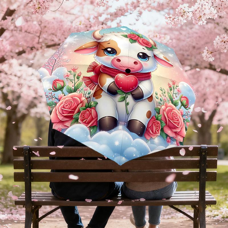 1PC Cow, Roses Automatic Open/Close Umbrella Compact Folding Umbrella with 8-Rib Shaft Lightweight Esign, Highquality Fabric1201A