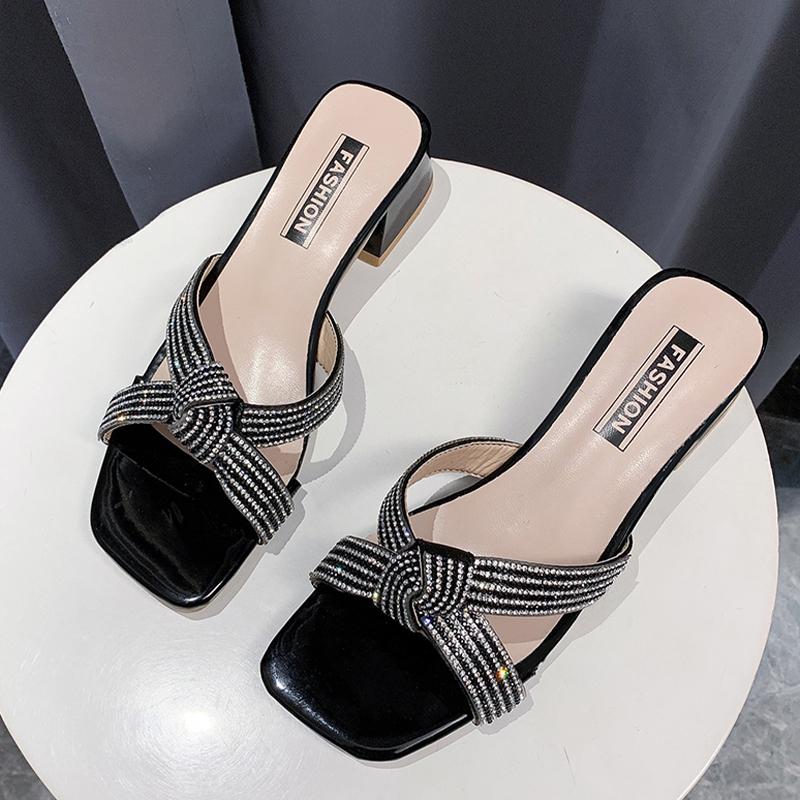 Designer Women Chunky Slippers Crystal Fad Low Heels Shoes Ladies Sandals  Spring Summer New Casual Flip -Flops Women Slides
