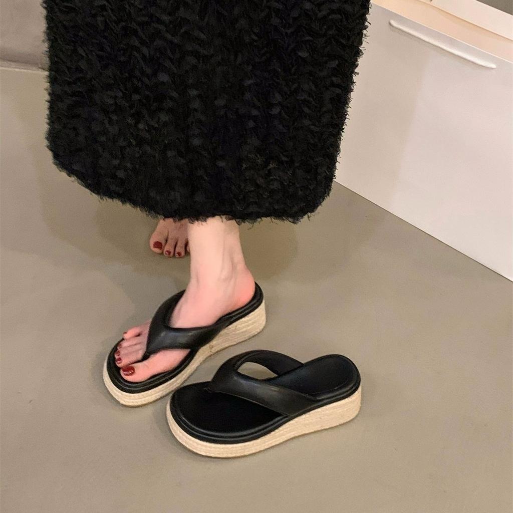 Wedge heel heel heightened pinch flip-flop shoes women's shoes wear straw platform shoes high heel sandals