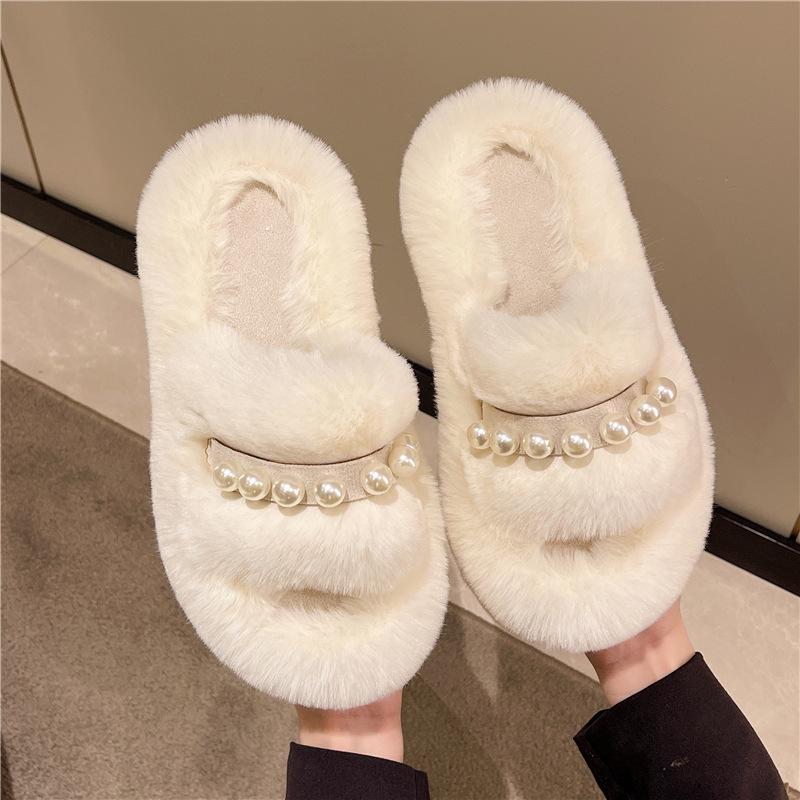 Mao Mao Slippers Women's Outer Wear 2025 New Autumn and Winter Korean Version Pearl Decoration One-word Plush Home Cotton Slippers