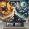 Sun Moon Phoenix Tapestry, Fire and Ice Birds with Mountain, Mythical Fantasy Wall Art for Bedroom Living Room Decor