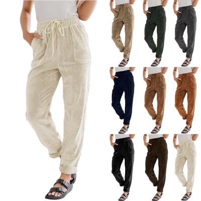 Corduroy Pants For Women Casual Drawstring Elastic High Waist Straight Leg Pants Loose Comfy Trousers With Pockets