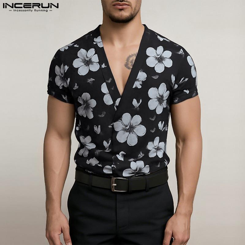 

INCERUN Summer Men V Collar Short Sleeve Floral Print Casual Shirts Tops S хаки