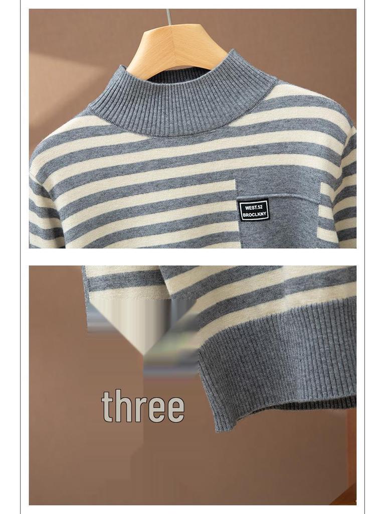 2025 Women’s Korean Style Striped Half High Neck Knitted Pullover Sweater