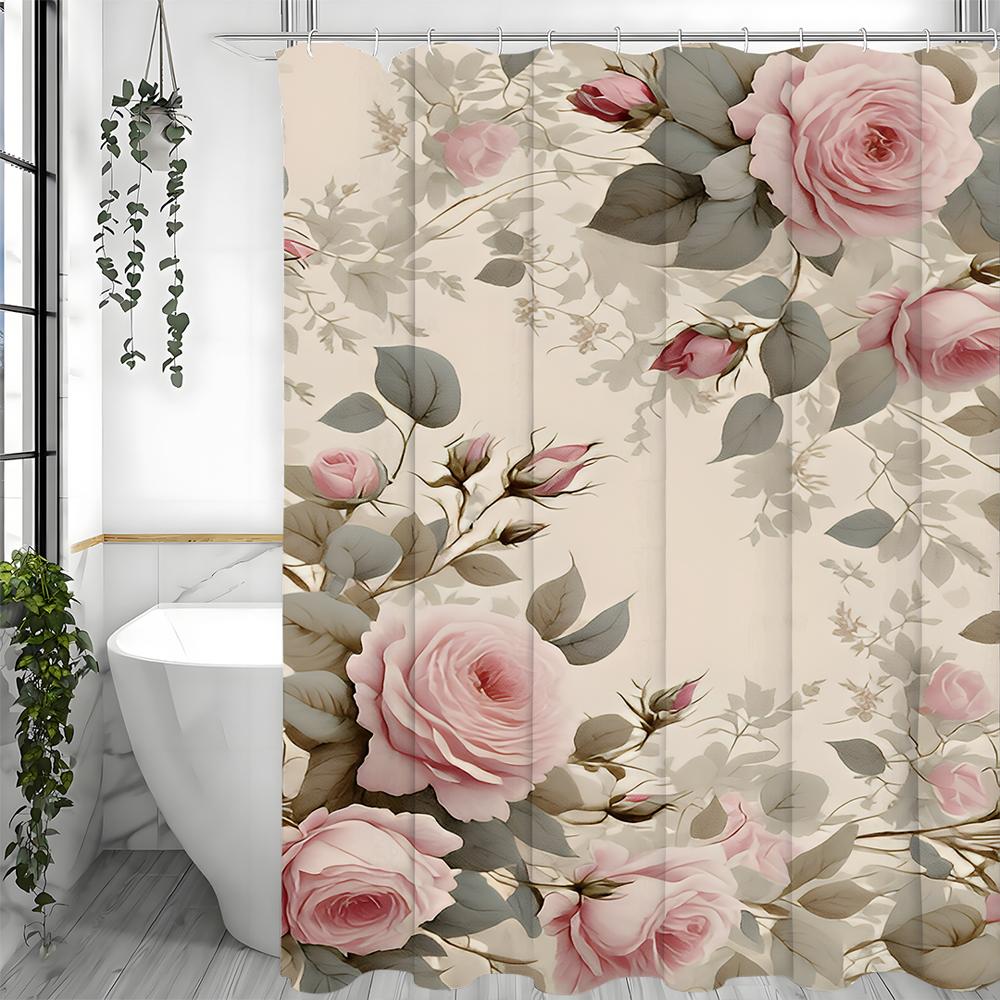Rose Flower Shower Curtain, Bathroom Decorative Shower Curtain, Waterproof Shower Curtain with Hooks