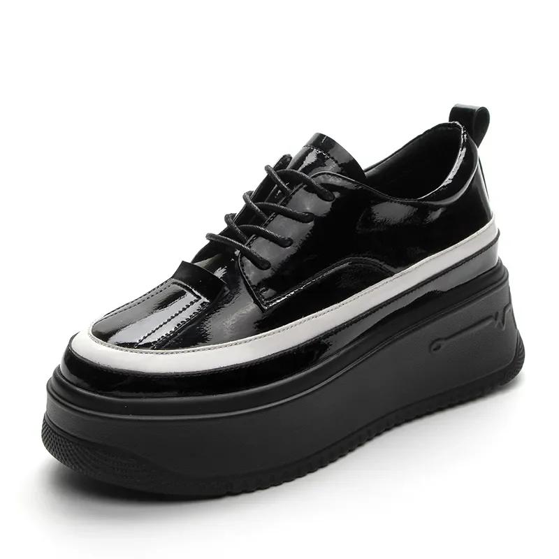 

7,5 см лакированная кожа натуральная осенняя женская обувь мокасины кроссовки на платформе туфли на танкетке скрытый каблук дышащая весенне-летняя обувь 34 чёрный