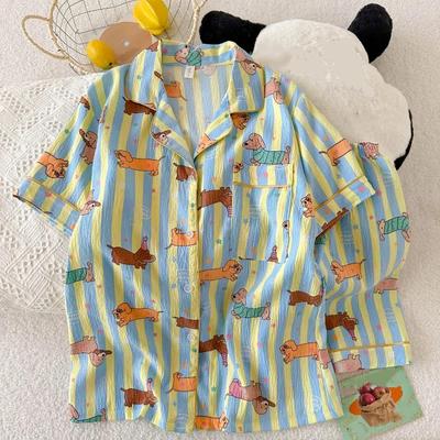 Sternen-gestreifte Hundeprint Kawaii Pyjamas für Damen Y2K Mode Reverskragen Damenpyjamas Sommer Neu Süß Niedlich Hauskleidung Frau