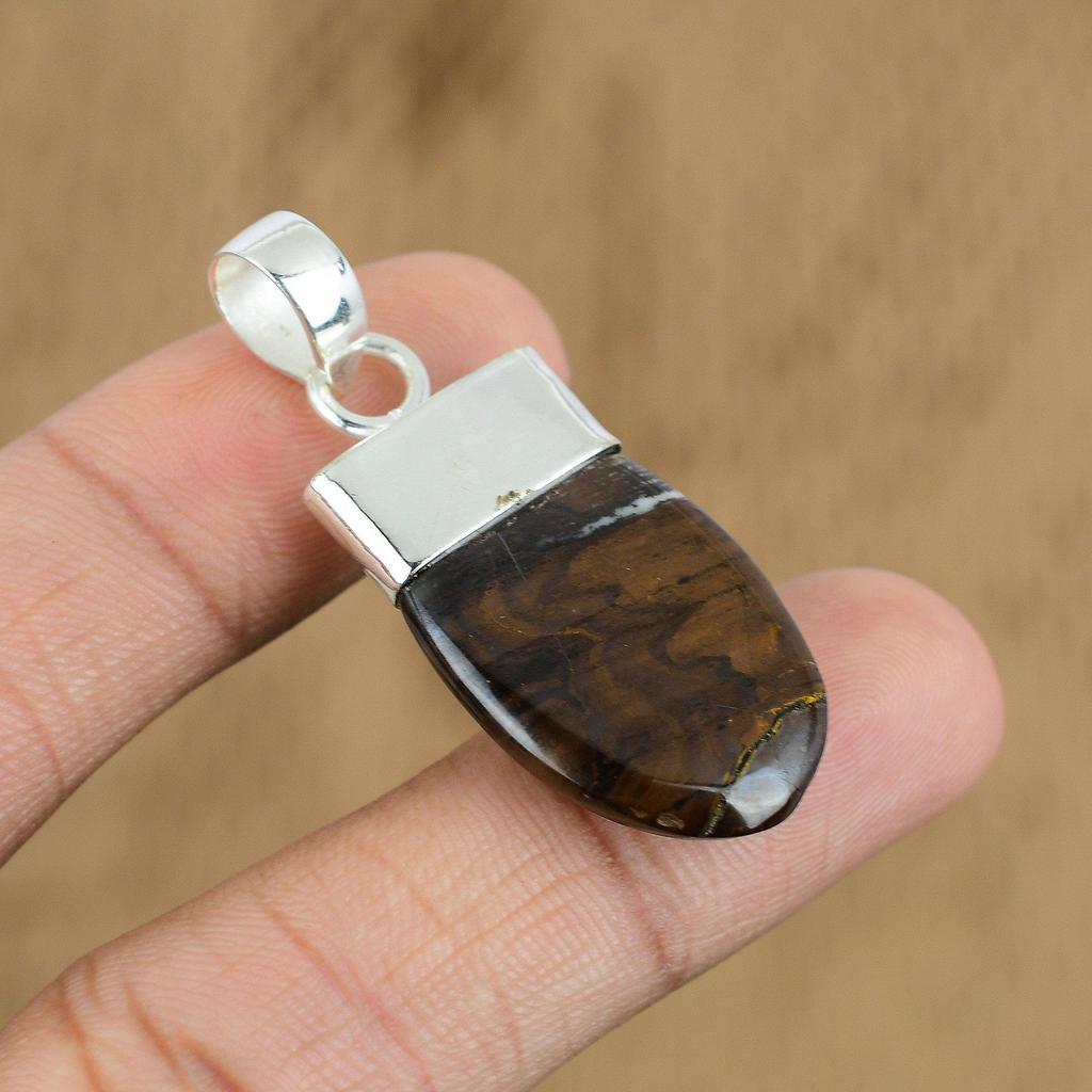 Natural Petrified Wood Jasper Gemstone Pendant Brown 925 Sterling Silver Jewelry