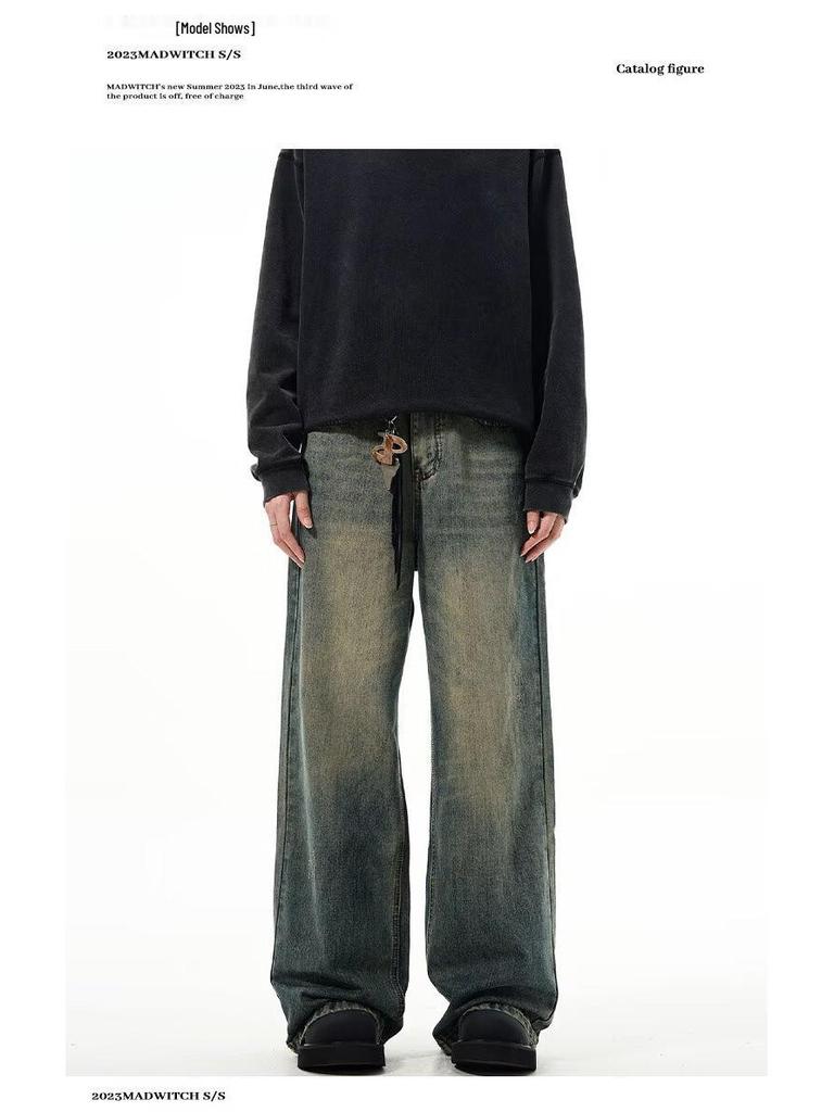 Autumn American Trend: Men's Loose Retro Yellow Mud-Dyed Straight Jeans, Washed & Distressed Wide-Leg Style