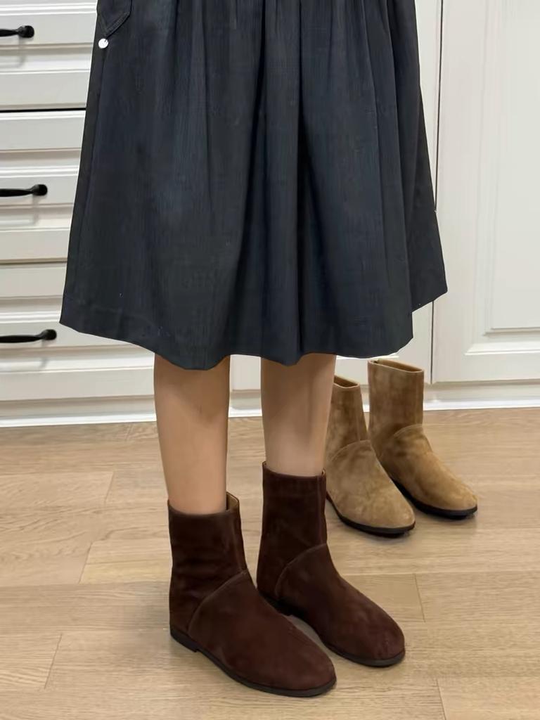 Korean Version of Maillard Suede Suede Flat-bottomed Western Cowboy Boots Short Boots Women's Autumn and Winter Versatile Rear Zipper Thin Boots