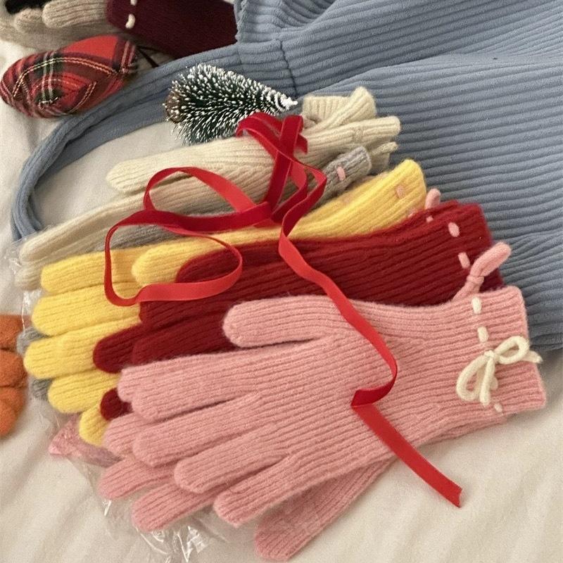 Student Cycling Gloves Autumn and Winter Cute Bow Knitted Gloves Female Students Split Finger Fingerless Gloves Autumn and Winter Warm