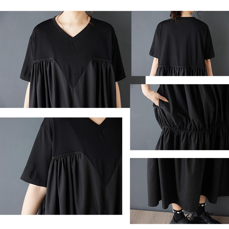 DIMANAF 2026 New Spring Summer  Plus Size Women Black Dress Fashion Lady Loose Casual Long Dress Solid Pleated Skirt