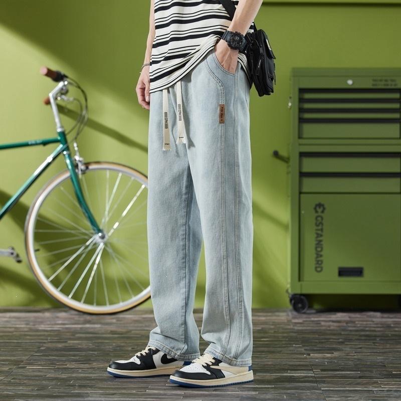 American Spring and Autumn Wide Leg Jeans Men's High Street Vintage Loose Drawstring Straight Casual Long Pants Mopping Pants