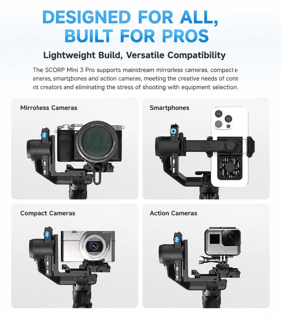 FeiyuTech SCORP Mini 3 Pro Combo Camera Gimbal AI Tracking Detachable Bluetooth Remote 2KG Payload OLED Display Vertical Shooting Stabilizer