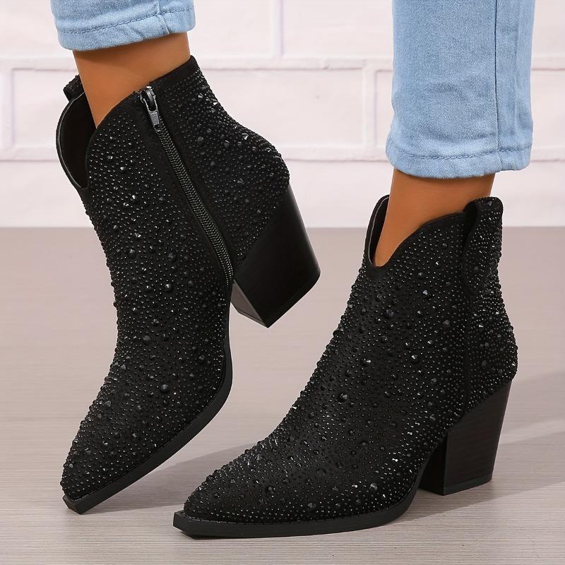 Chunky Heel Women's Ankle Boots | Pointed Toe, Faux Cover, Encrusted Side Zipper, Comfortable Block Heel & Rubber Sole (EU/US 5-11)