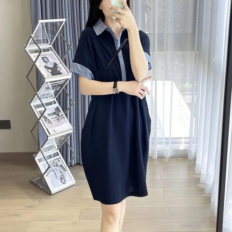 Damen Sommer Midi-Länge Color-Blocked Locker geschnittenes Kurzarm-T-Shirt-Kleid mit Polokragen und Bauchbedeckendem Design