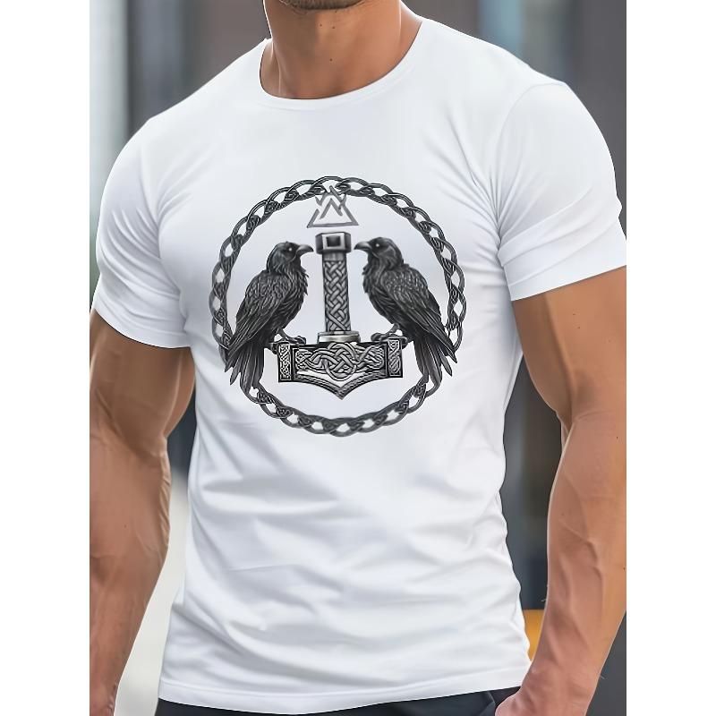European sizes Men s Norse Viking Odin Rune & Mjolnir Hammer T-Shirt - Viking & Rune Circle Print, Casual Short Sleeve Summer Top with Norse Mythology S белый
