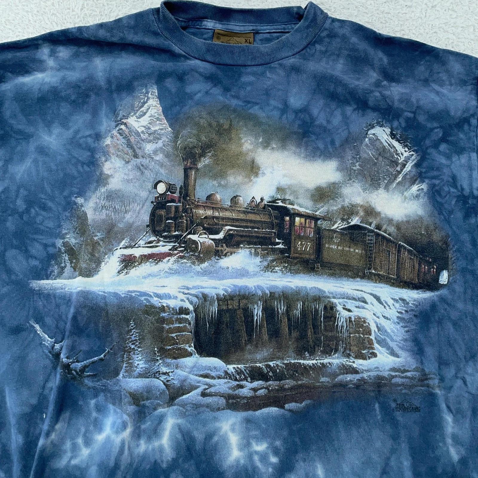 

Vtg The Mountain Steam Train Shirt L/XL Blue Railroad Tie Dye Tee M