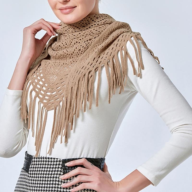 Women's Hollowed Knitted Triangular Scarf Imitation Cashmeres Soft Winter Shawl Wrap Neckerchief Blanket with Fringes