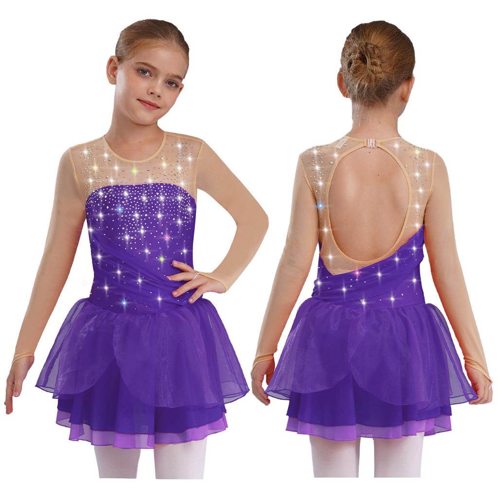 Kids Girls Stage Performance Dress Glitter Rhinestones Sheer Mesh Long Sleeves Cutout Back Figure Skating Costume