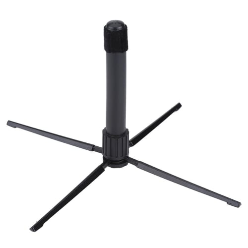 Foldable, portable, lightweight, metal and plastic stand for piccolo, flute, clarinet, and oboe instruments. Features four legs, holder, and storage.