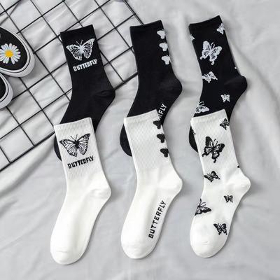 Anti Odor Butterfly Socks Unisex Black White Cartoon Print Stretch Comfort Long Fall Winter Casual Fashion Socks Solution