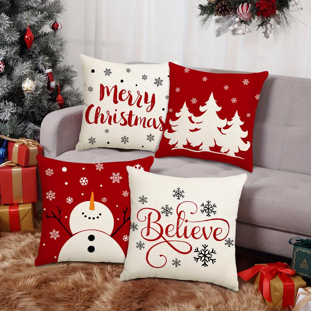 1Pc/4Pcs Christmas Pillow Cover, Merry Christmas Hello Winter Vacation Sofa Cushion Cover Decoration Living Room Cushion Cover
