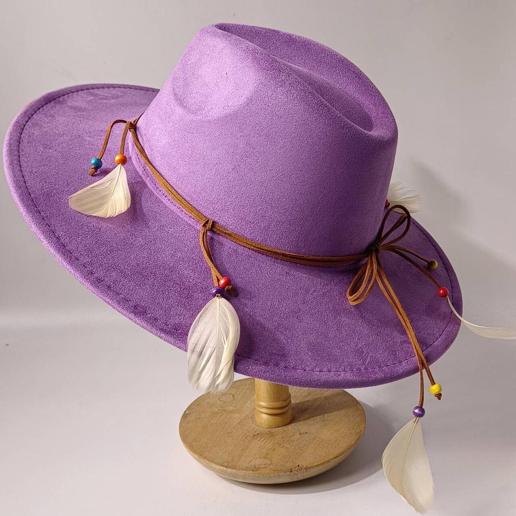 2026Bohemian style suede hat, brim 9.5 cm fedora with feather accessories, classic church hat, wide brim hat, women's hat
