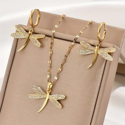 Set di orecchini e collana a forma di libellula in rame color oro, scintillante con zirconi, set di gioielli da sposa e accessori per donna