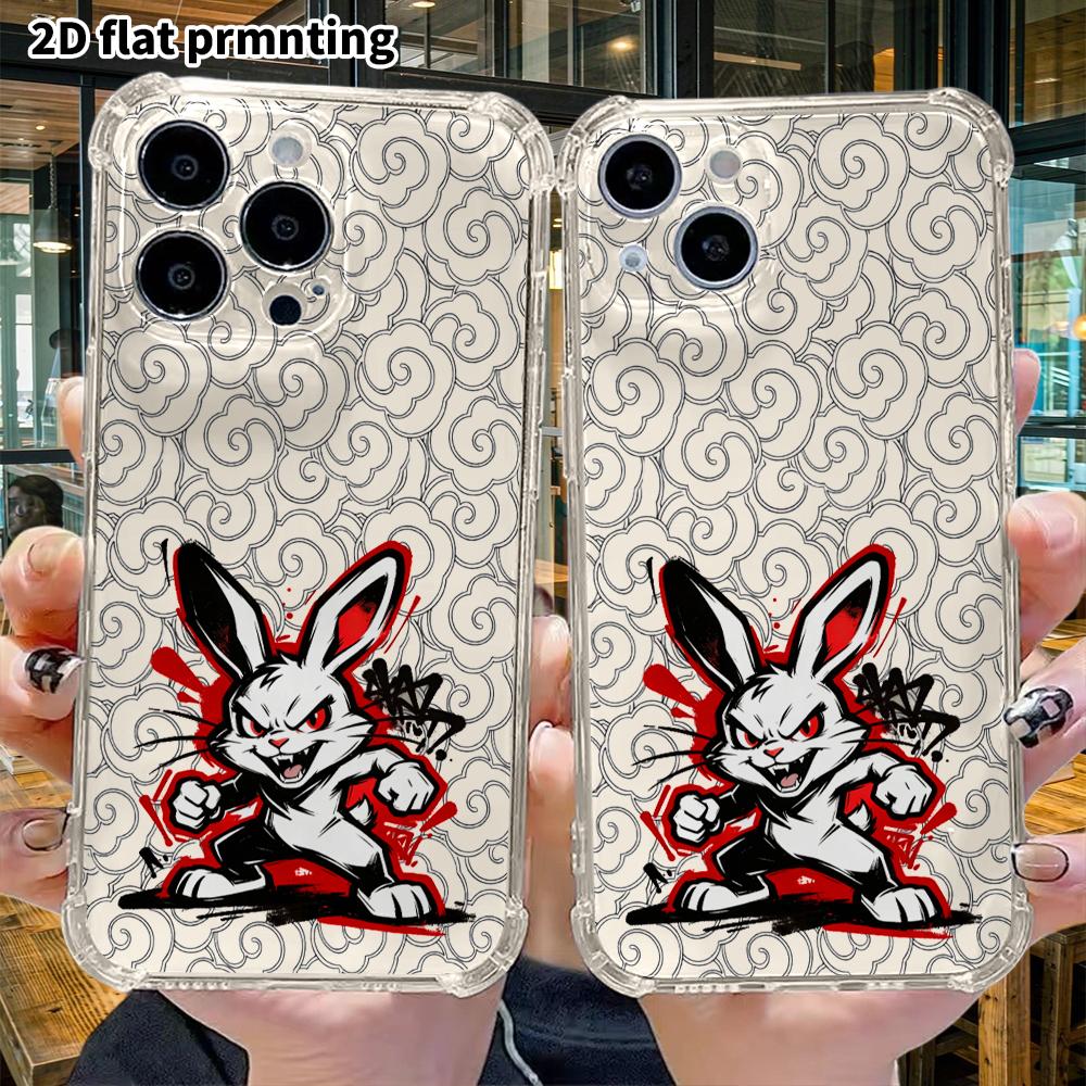 Phone Case: 2D Flat, Suitable for iPhone 18 17 16 15 14 13 Pro, Transparent Corner Protection Case, Boxing Rabbit, Christmas and Halloween Gifts
