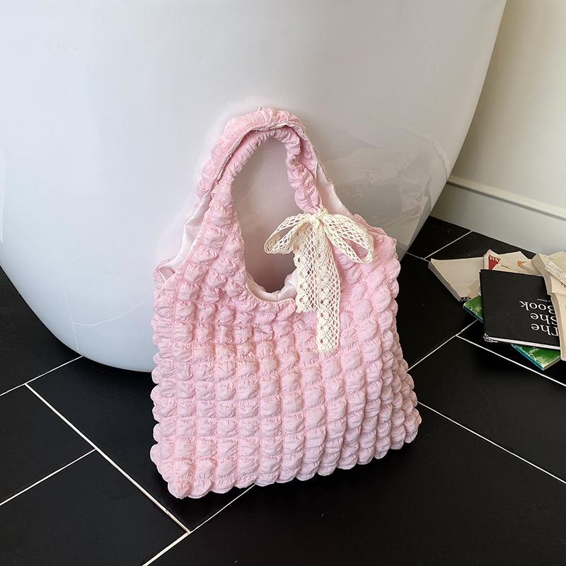 {MX} Cute Soft Polyster Pleated Cloud Bag Large Capacity Shoulder Bag Shopping Handbags Fashion Girls Tote Pouch
