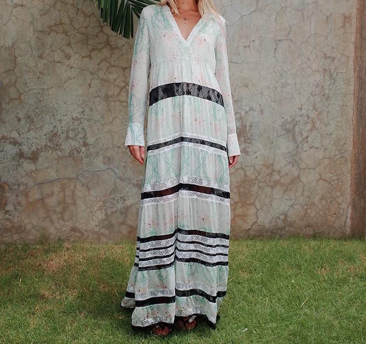 Soft Green Striped Long Lace Patchwork Spring Dress S