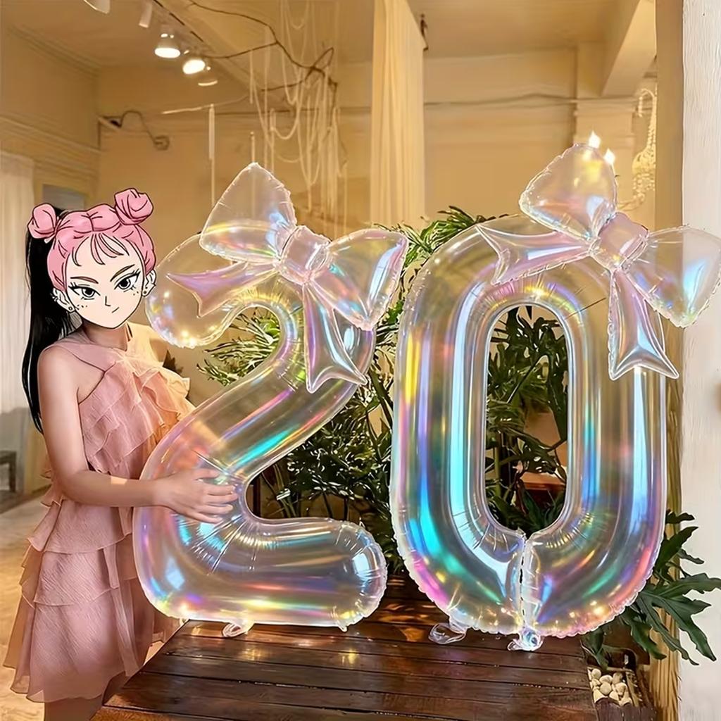 2pcs Colorful Transparent Digital Balloon 0-9 Colorful Bow Balloon, Used for Birthday Parties and Anniversary Decoration