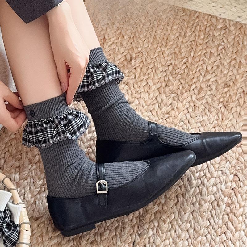 Frühlings- und Herbst-Spitzen-Karosocken für Damen, Mid-Calf-Frotteesocken, Modische und trendige Socken