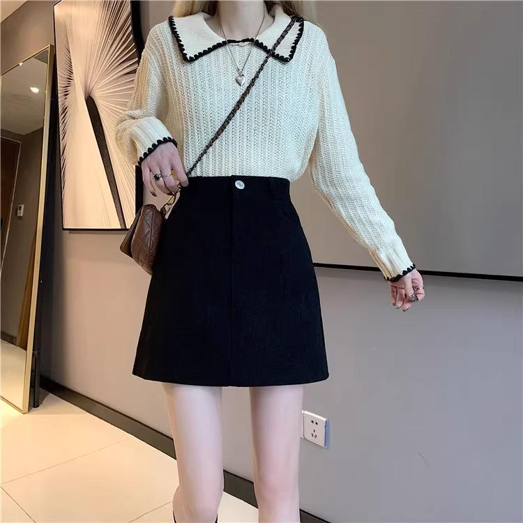 2024 Autumn/Winter Women's Corduroy High Waist Bodycon A-line Midi Skirt, Slimming and Petite Fit