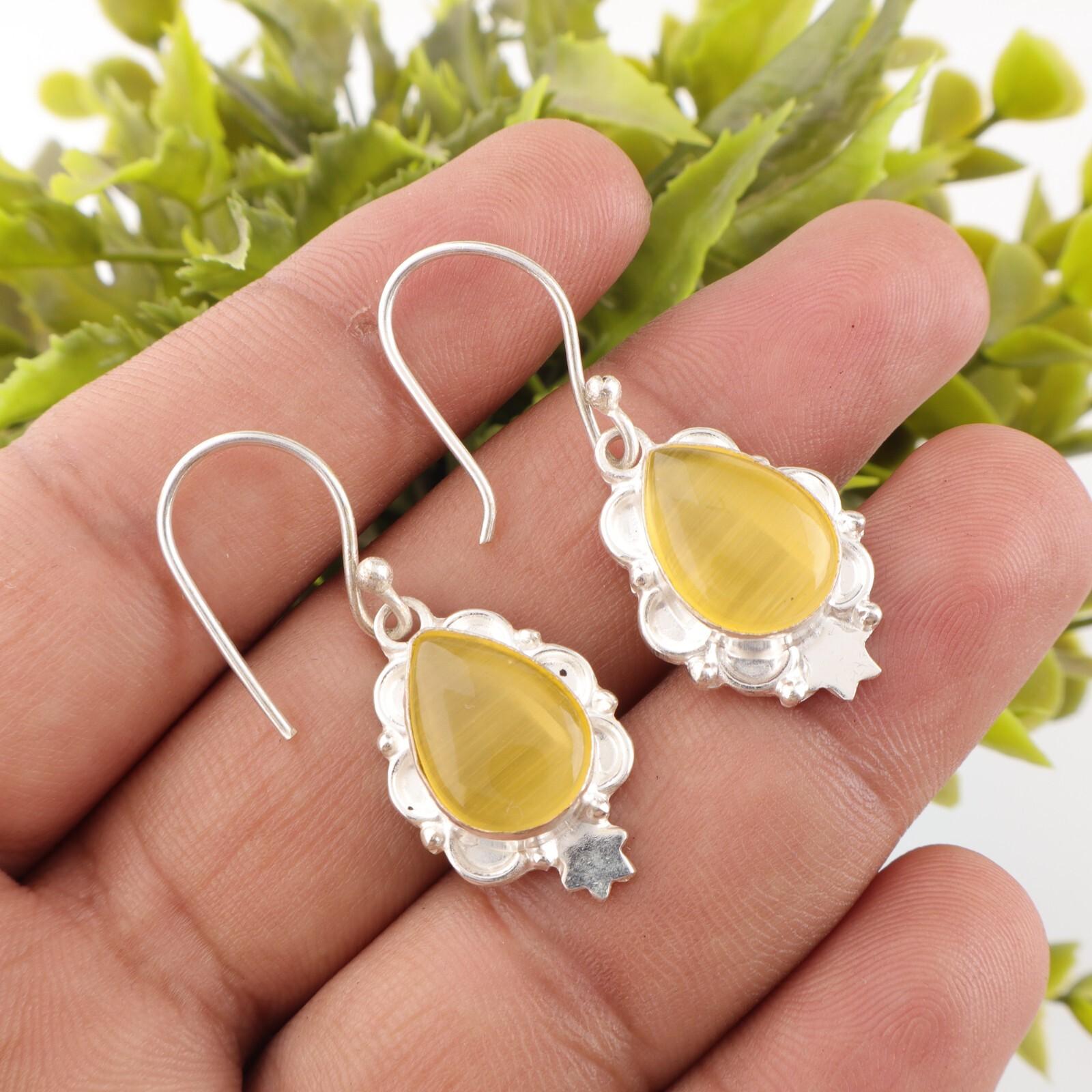 

Желтый камень Кошачий глаз 925 стерлинговое серебро ручная работа ювелирное изделие женская серьга EE-163-43