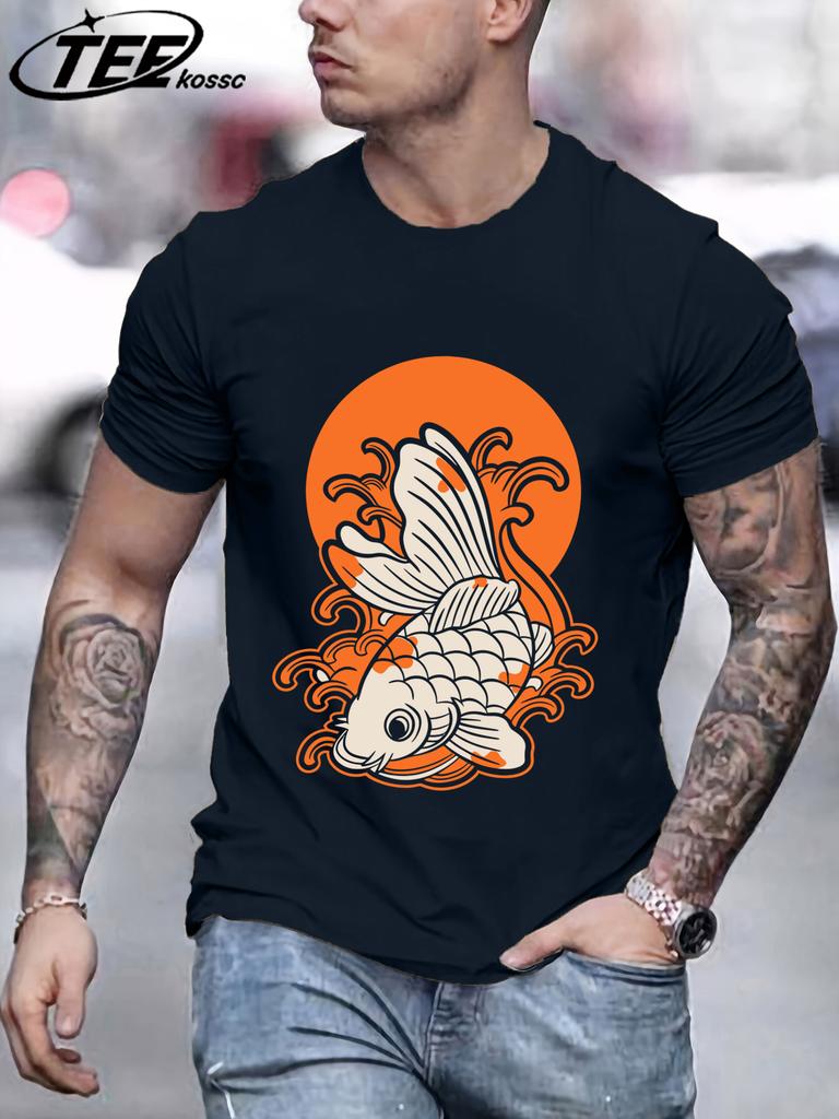 Japanese Harajuku Sunset Koi Men T Shirts Casual Hip Hop Tops Multicolor Cotton TShirt Summer Loose Male Crewneck Short Sleeve