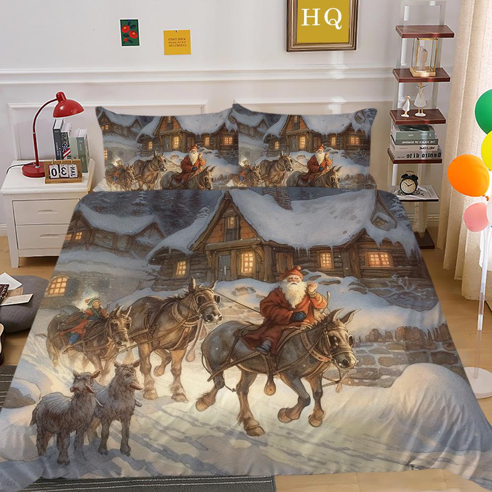 Weihnachtskutsche 3D-gedruckter Polyester-Kissenbezug Bettdeckenbezug Zwei- oder Dreiteiliges Set